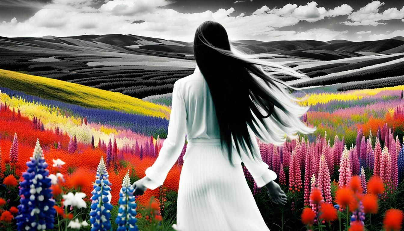 Luminescent Woman in Lupine Field by Photogram