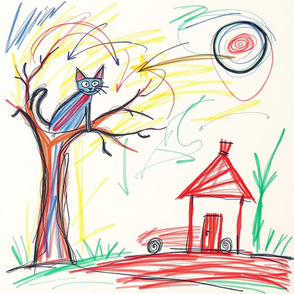 Poorly drawn cat in a tree, a house and a car