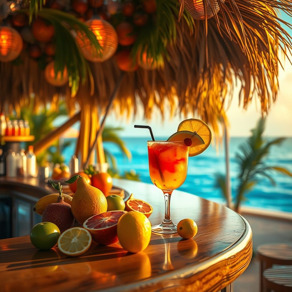 Exotic Fruit Cocktail at Beach Bar in Fantasy Style