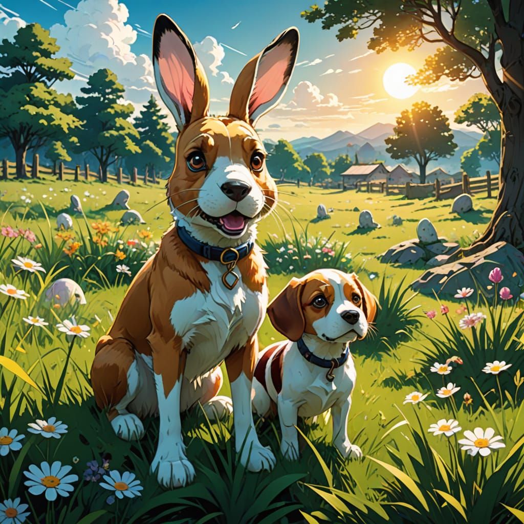 Vibrant Easter Bunny Meets Easter Beagle in a Sunny Anime Me...