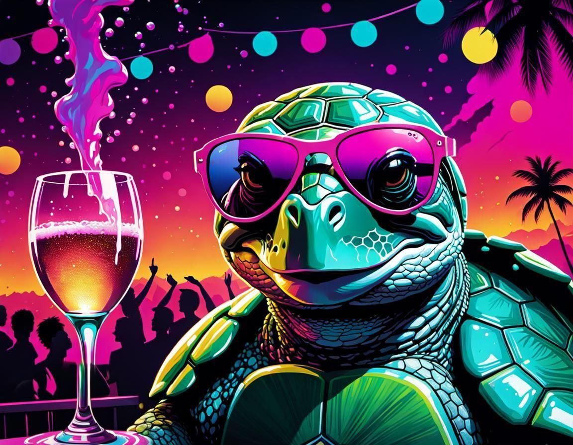 Party Turtle Portrait in Synthwave Futurism Style