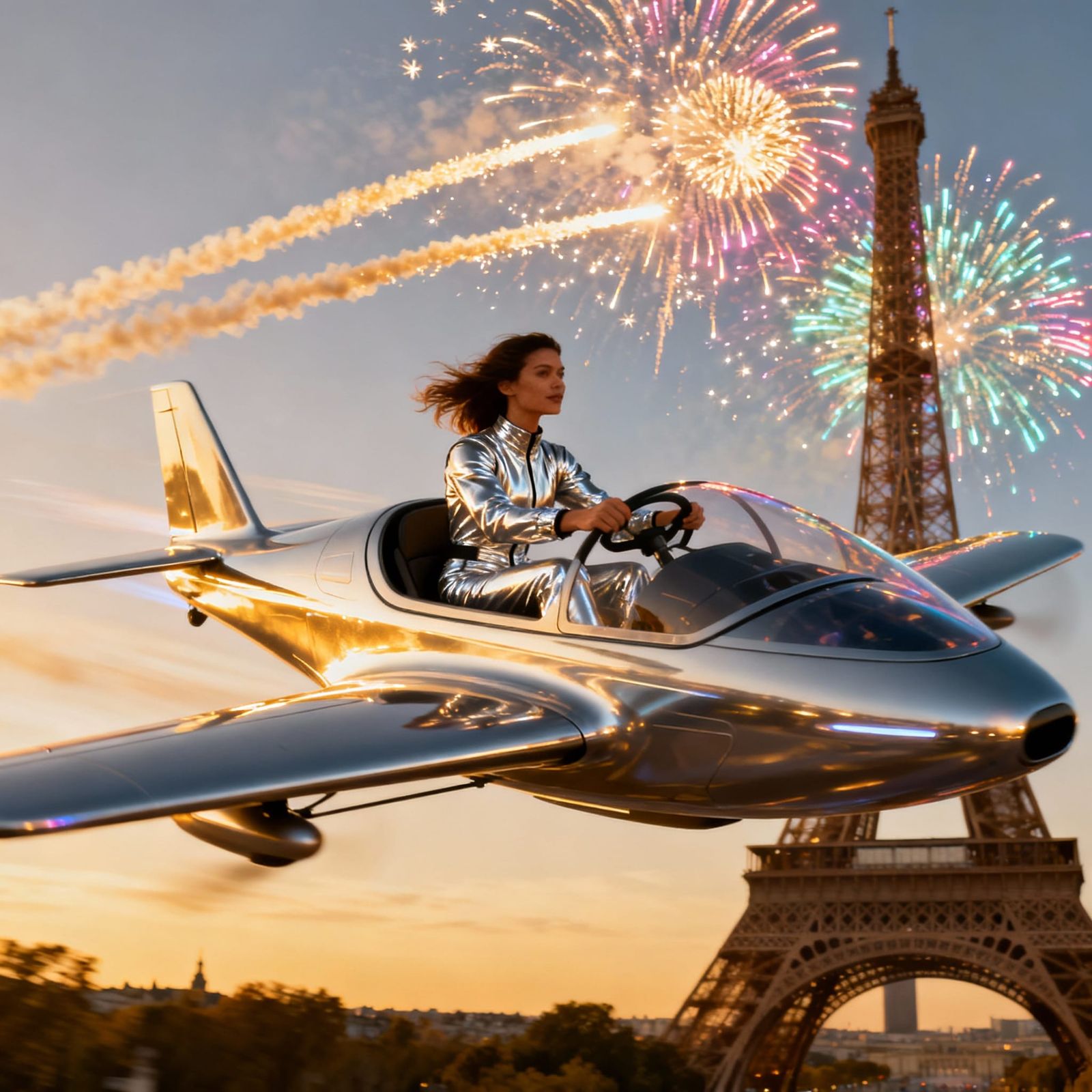 2040 Auto-Airplane Flight Over Paris With Eiffel Tower Firew...