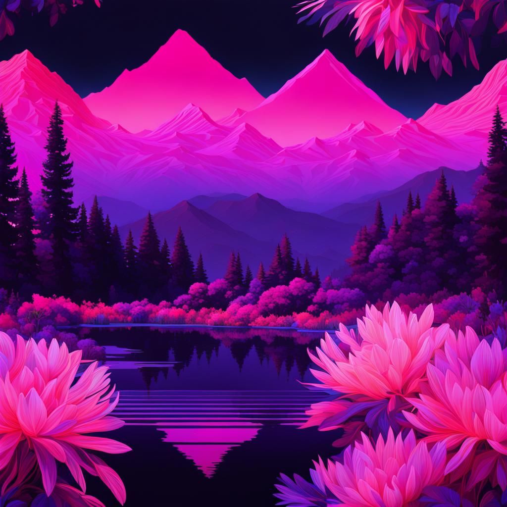 Neon Floral Landscape in Glitch Art Style