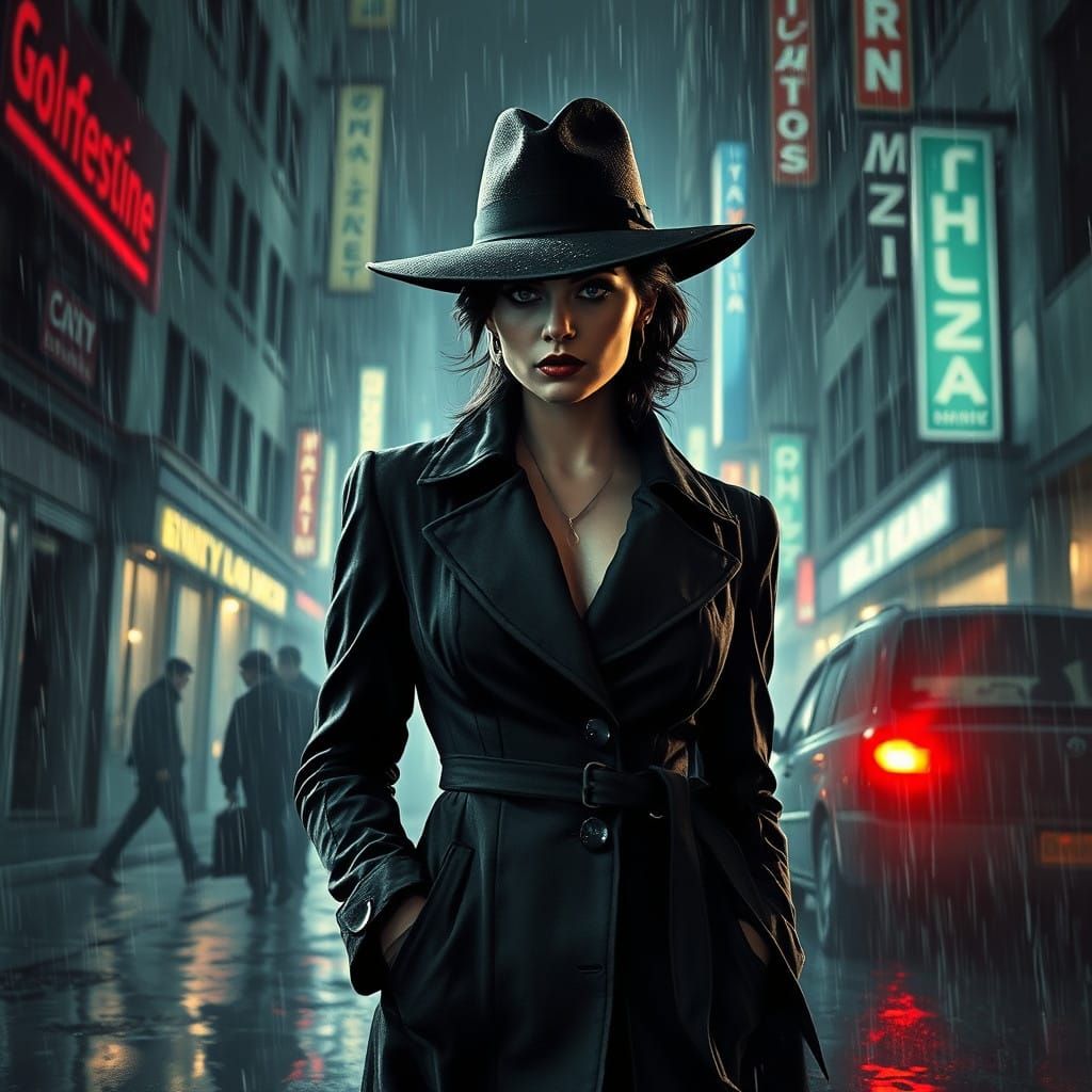 Gritty Noir Femme Fatale Amidst Rainy City Streets
