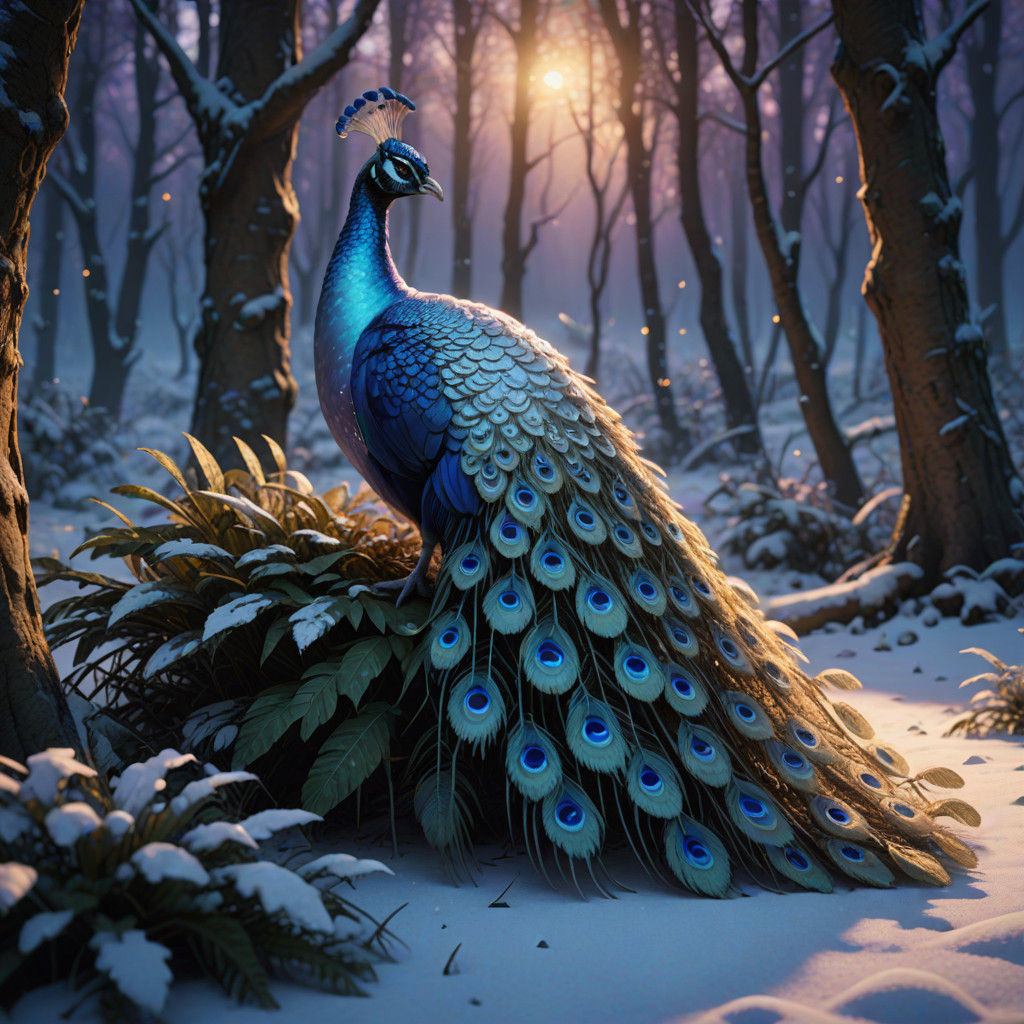 Surreal Peacock in Majestic Winter Wonderland