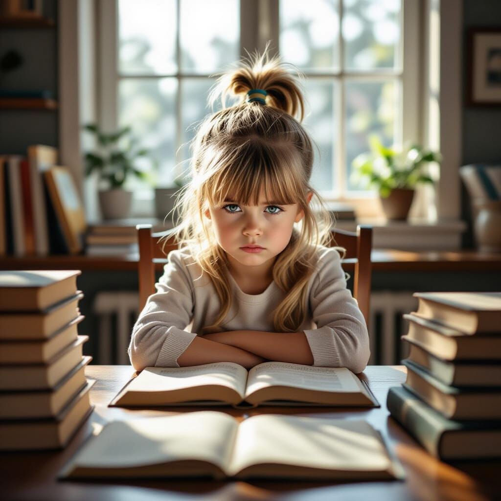 Exhausted Girl Overwhelmed by Books
