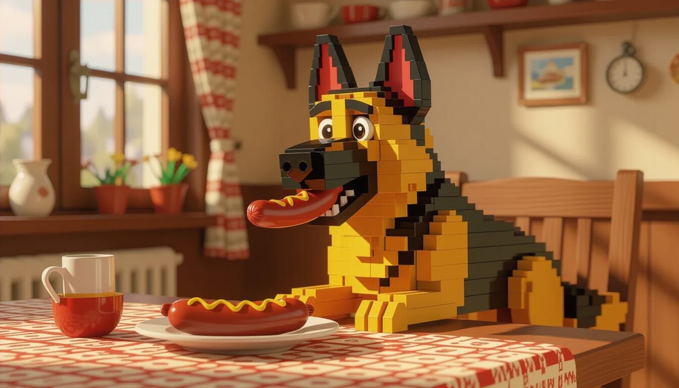 Life-Size LEGO German Shepherd Eats Sausage