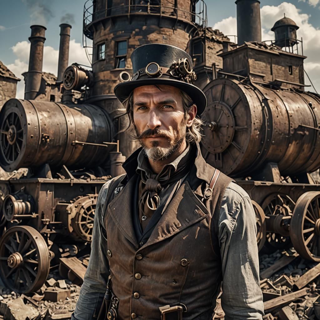 Steampunk Man Walks Through Ruined Village