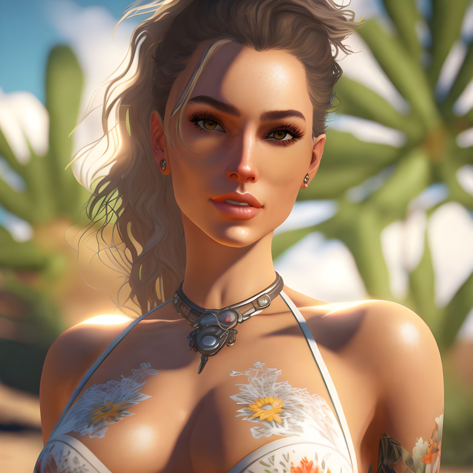 Hyperrealistic Woman in Swimsuit on Sunny Beach