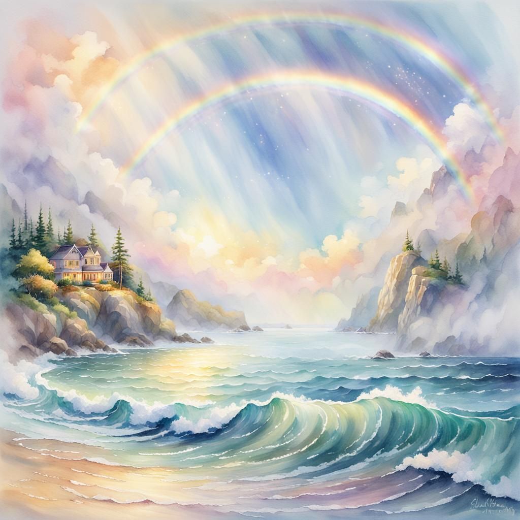 Rainbow Over Calm Sea in Watercolor Style