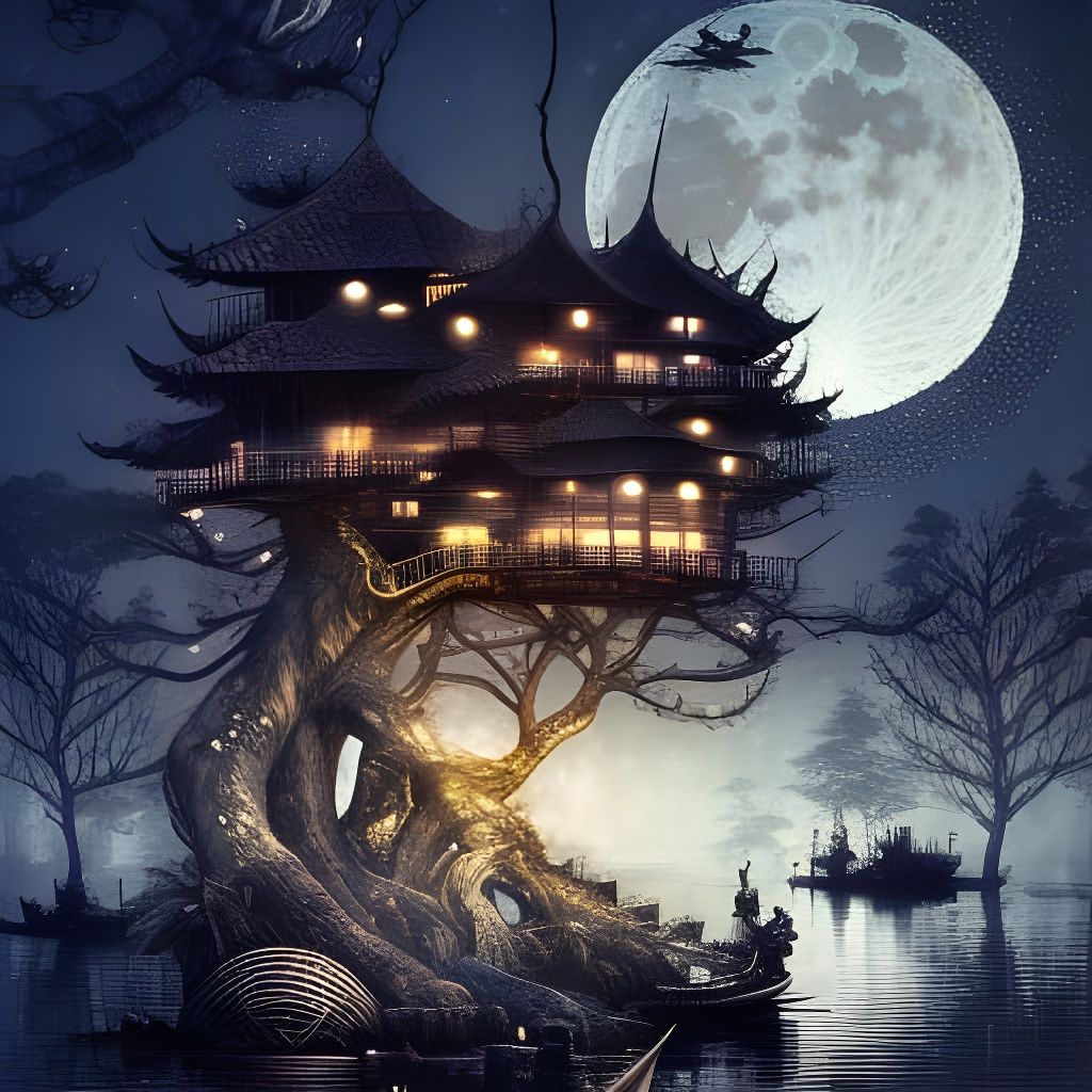 Riverside Bonsai Village Reflecting Moon, Digital Illustrati...