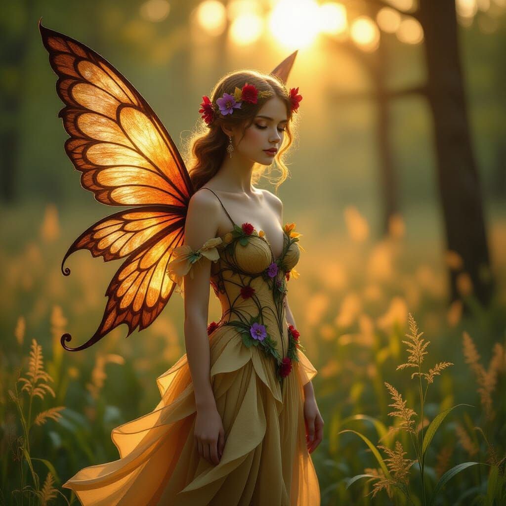 Ethereal Leaf-Winged Lady in Sunlit Forest