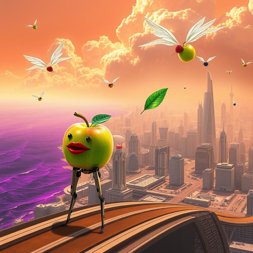 Futuristic Apple Metropolis with Flying Fruits