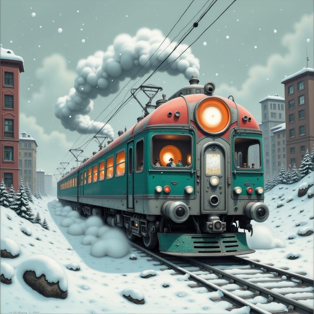 Vintage Train in Snowy Stockholm, Futuristic Style