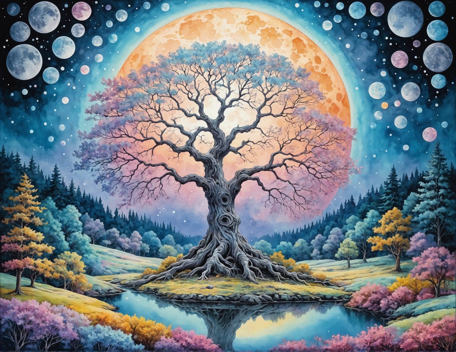 Psychedelic Tree and Moon in Pastel Watercolor
