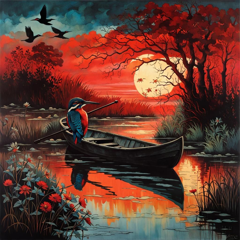Kingfisher Hunting at Sunset: Color Print Art