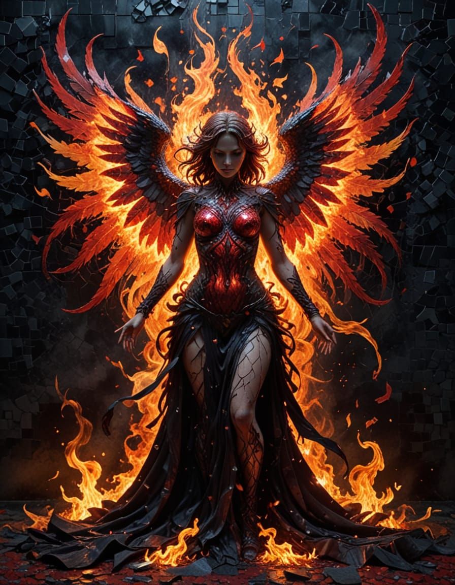 Epic Fallen Angel Descends into Dark Red Flames