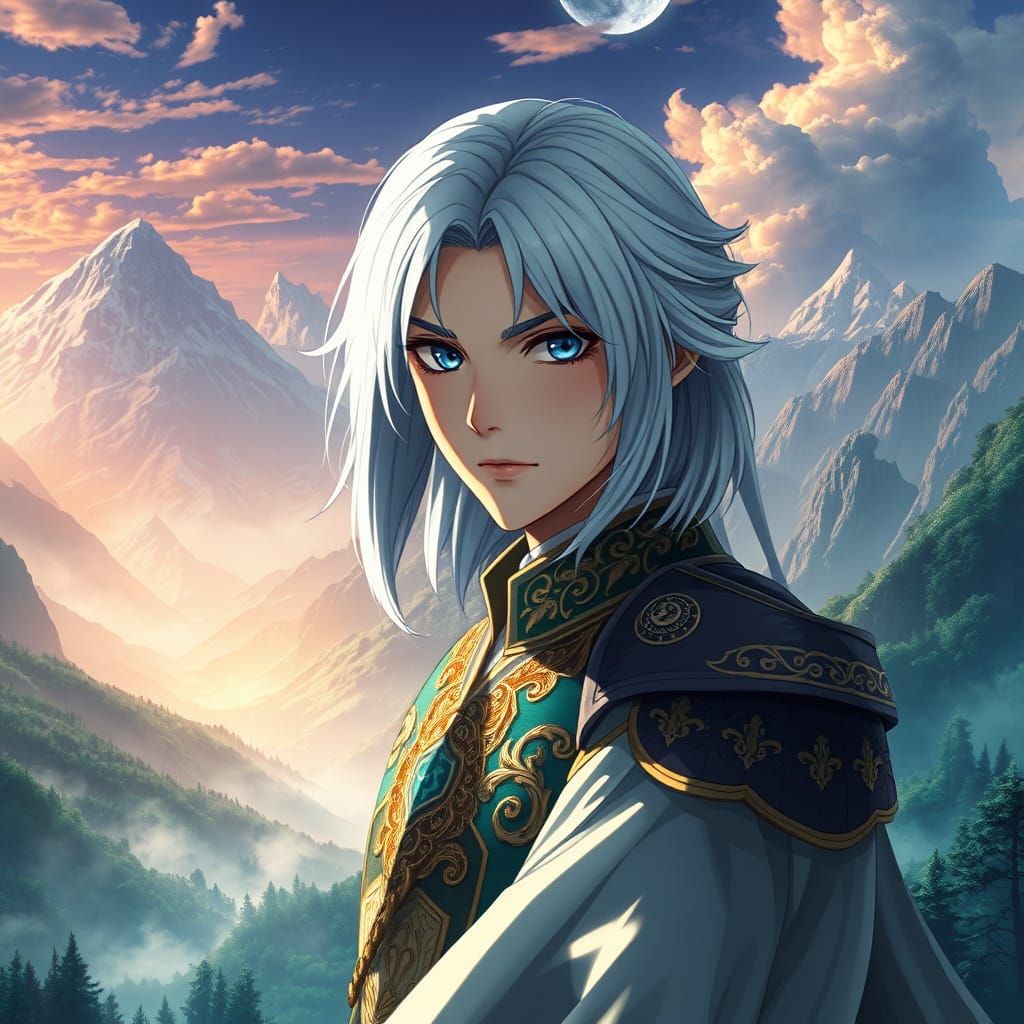 Regal Anime Prince in Majestic Mountainscape
