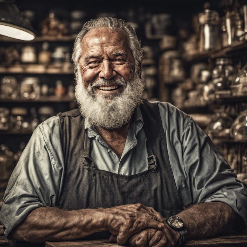Hyperrealistic Portrait of a Smiling Shop Owner