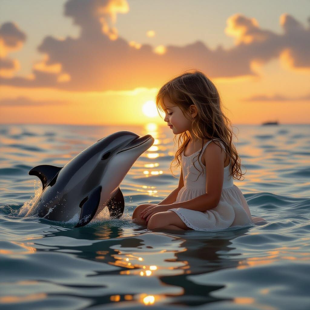 Girl and Dolphin at Sunset in Warm Golden Light