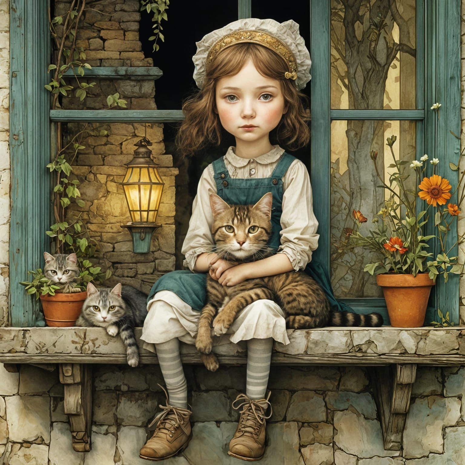 Girl and Cat Portrait in Surreal Style