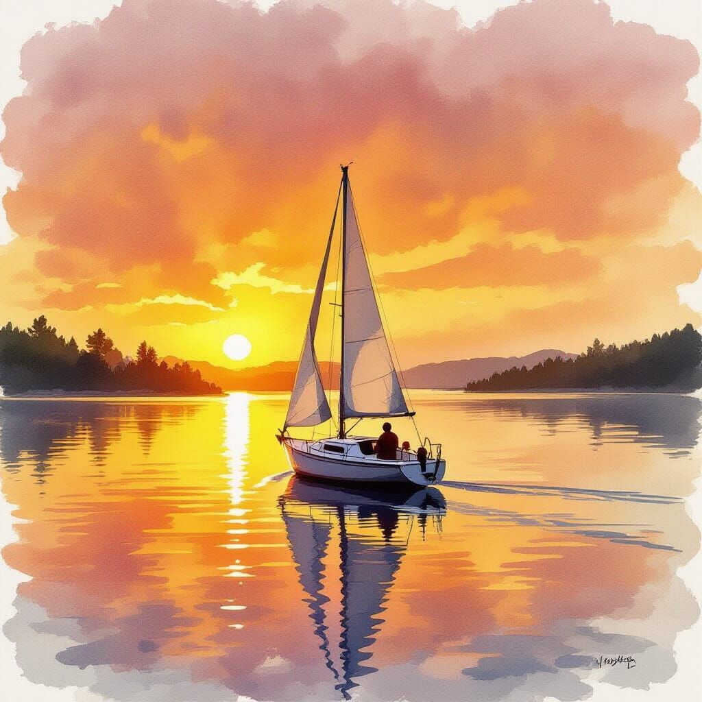 Sailboat on Lake at Sunset in Watercolor Style