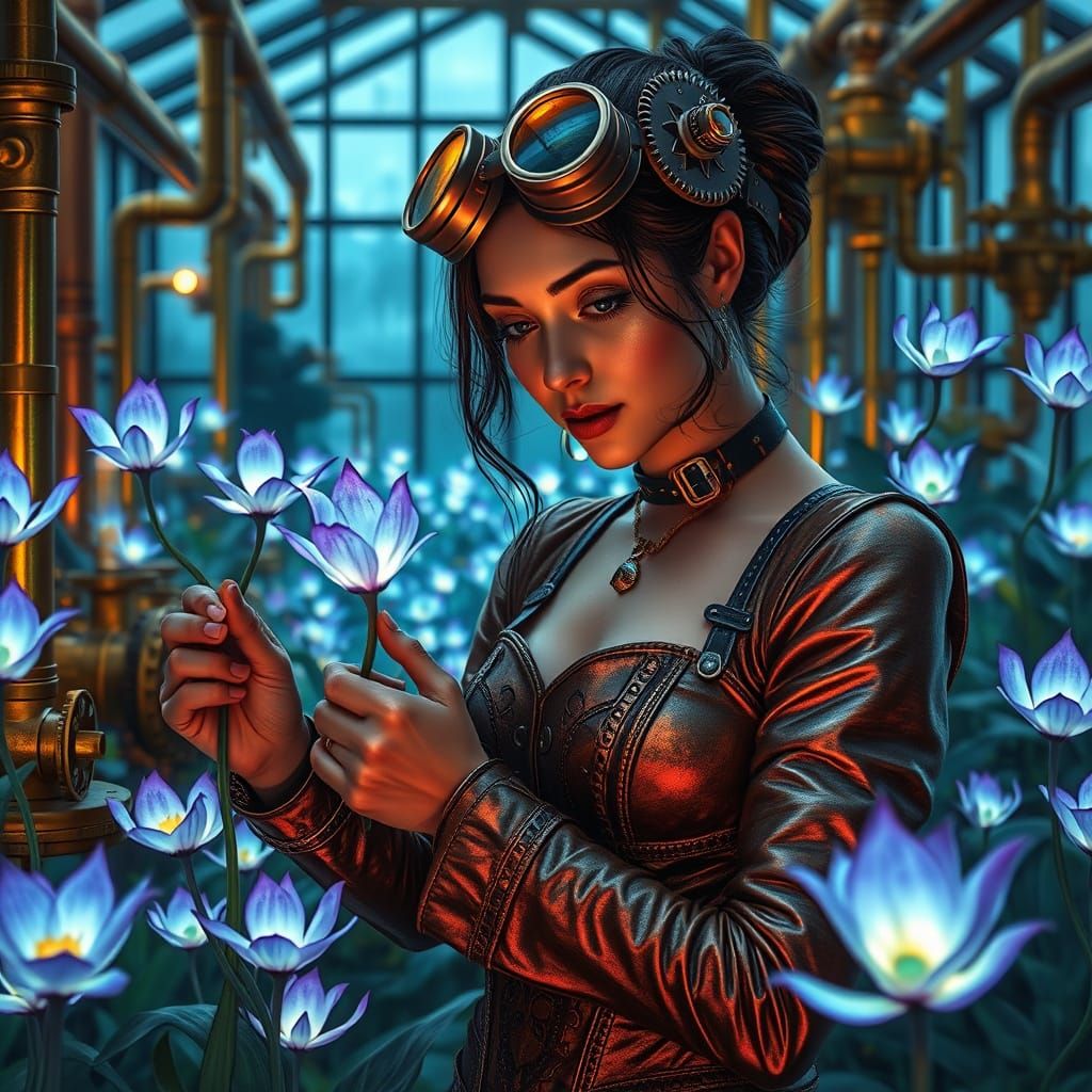Steampunk Lady Tending to Enchanted Garden
