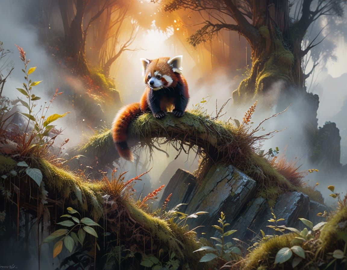 Red Panda in Mountain Valley as Oil Painting