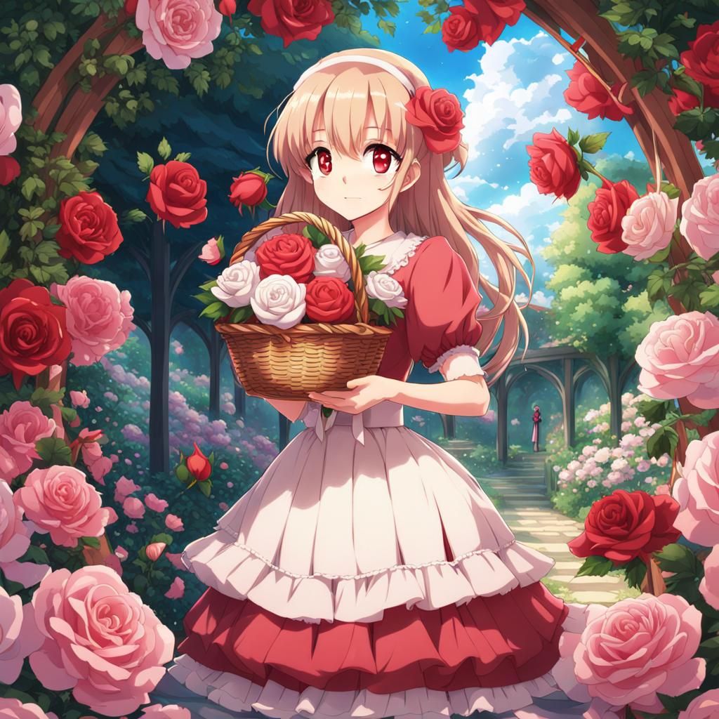 Anime Girl in Rose Garden Digital Art