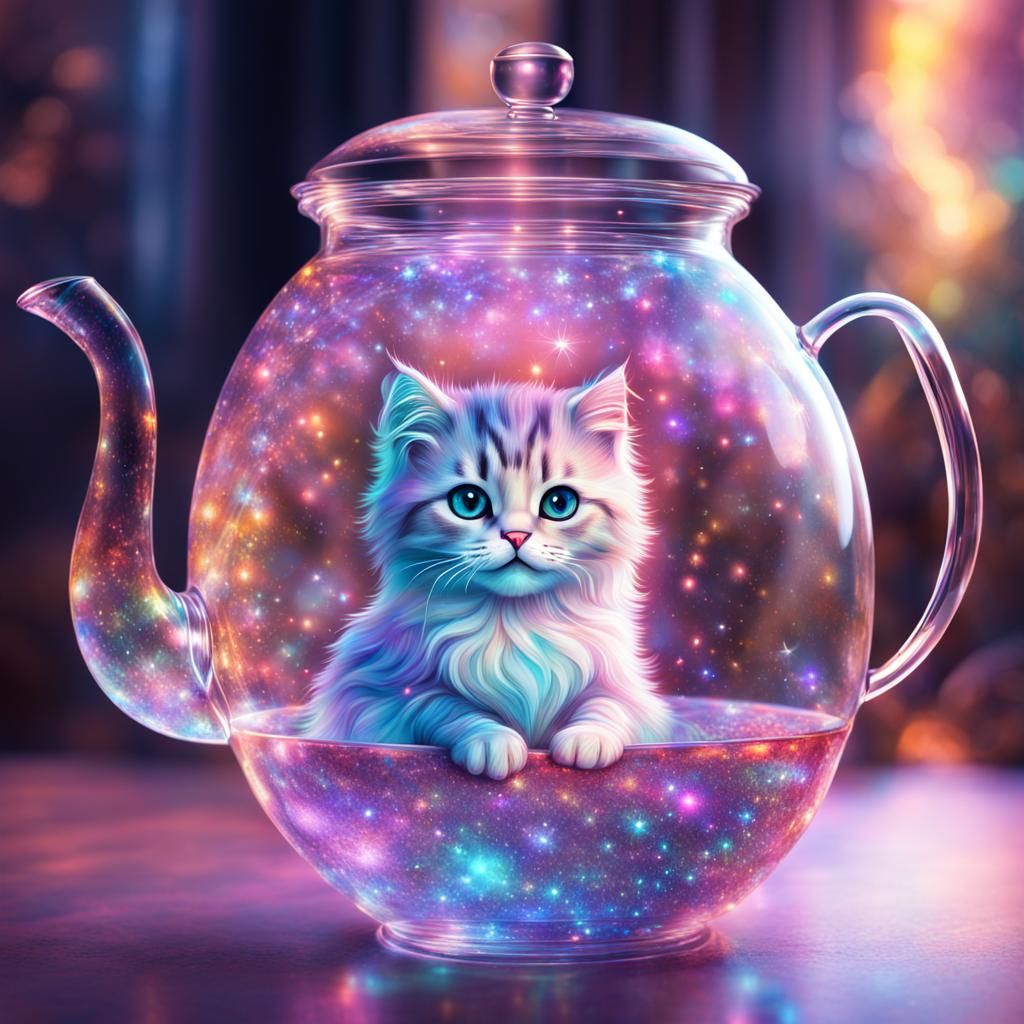 Sparkly Cat in Crystal Teapot: Holographic Illustration