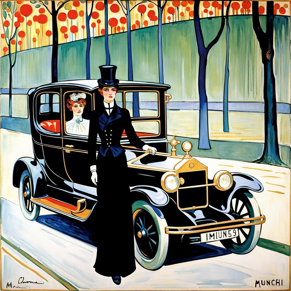 Feminine Chauffeur in Limousine, Mucha Style