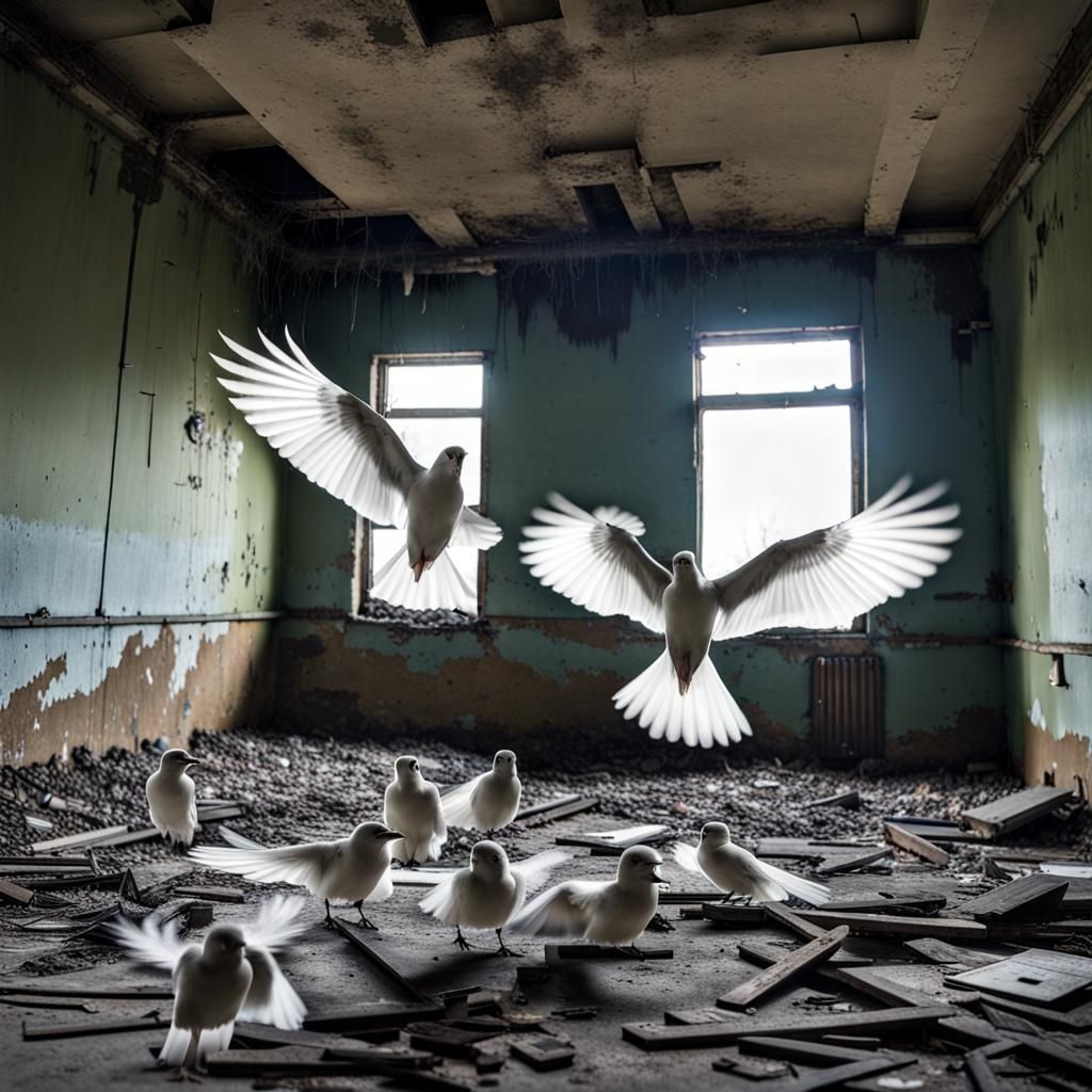 Ethereal Ghost Birds Haunt Abandoned Building