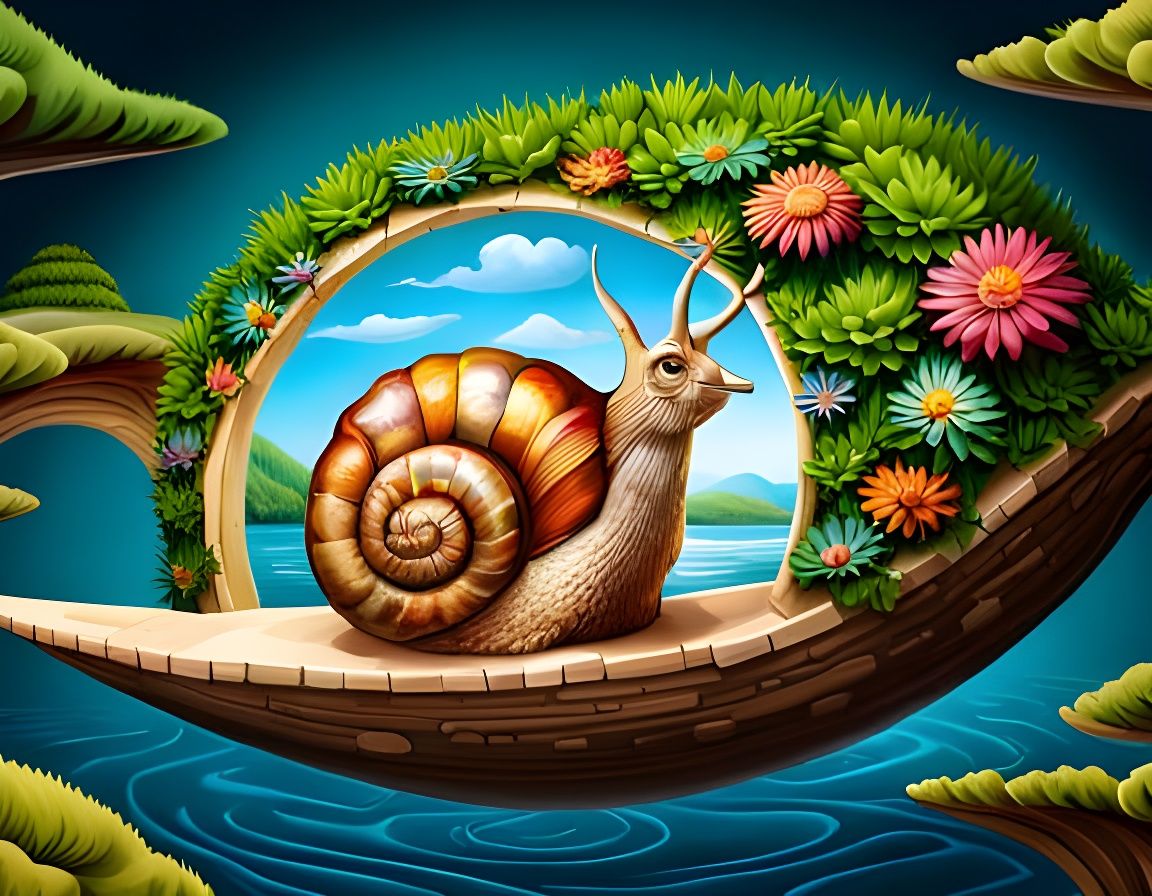 Enormous Snail Carries Fairy Village, Hyperrealistic Illustr...