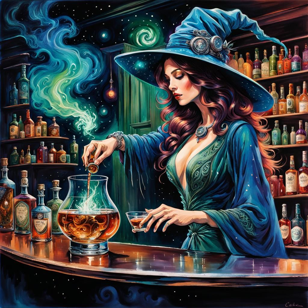 Cosmic Witch Mixologist in Futuristic Bar