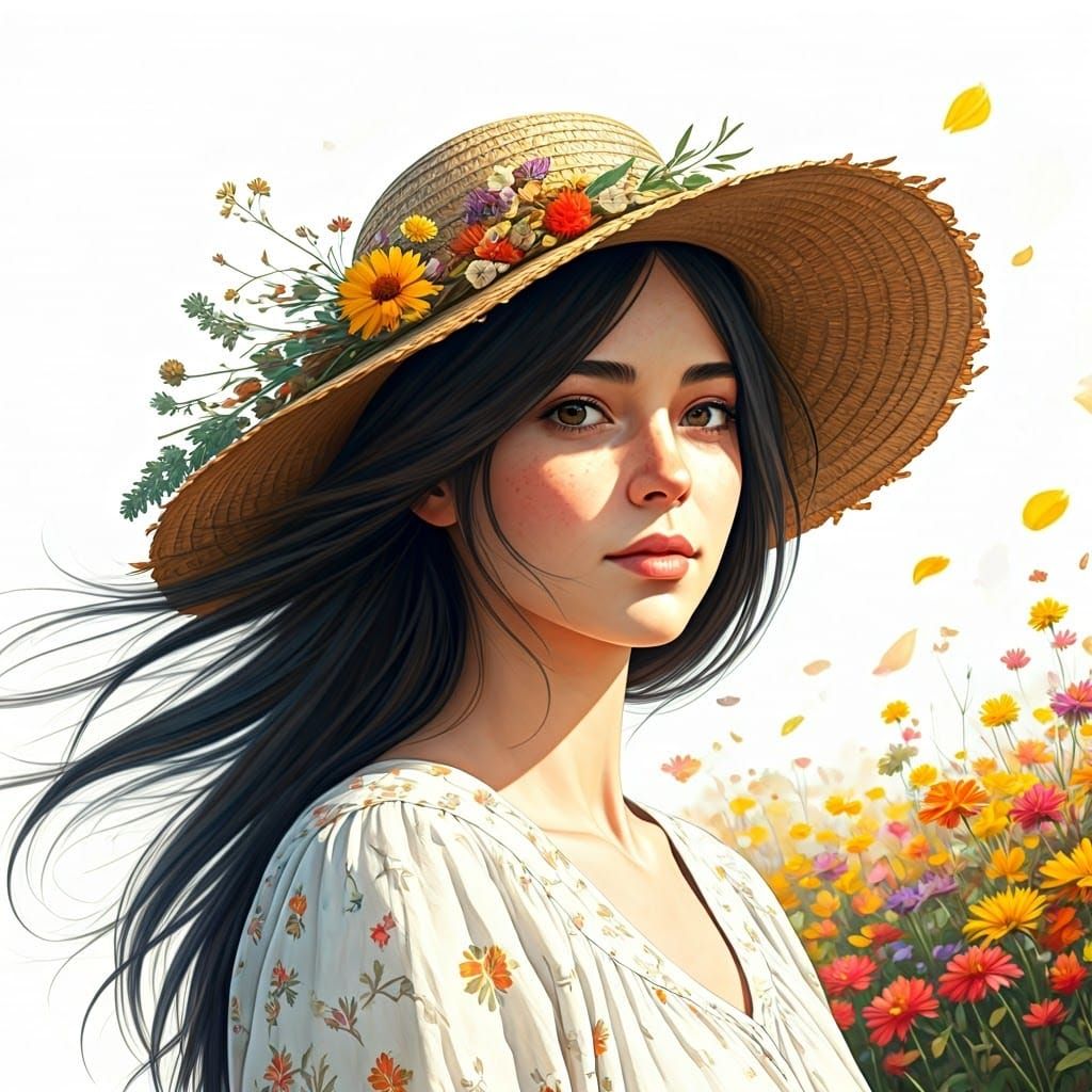 Village Woman in Windy Garden: Watercolor and Pen Art