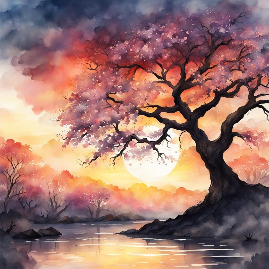 Watercolor Sunset with Flowering Tree Silhouette