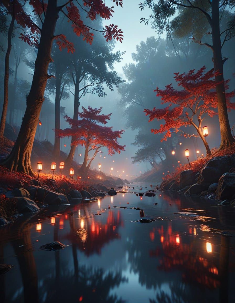 Magical Forest with Floating Lanterns in Cinematic Style