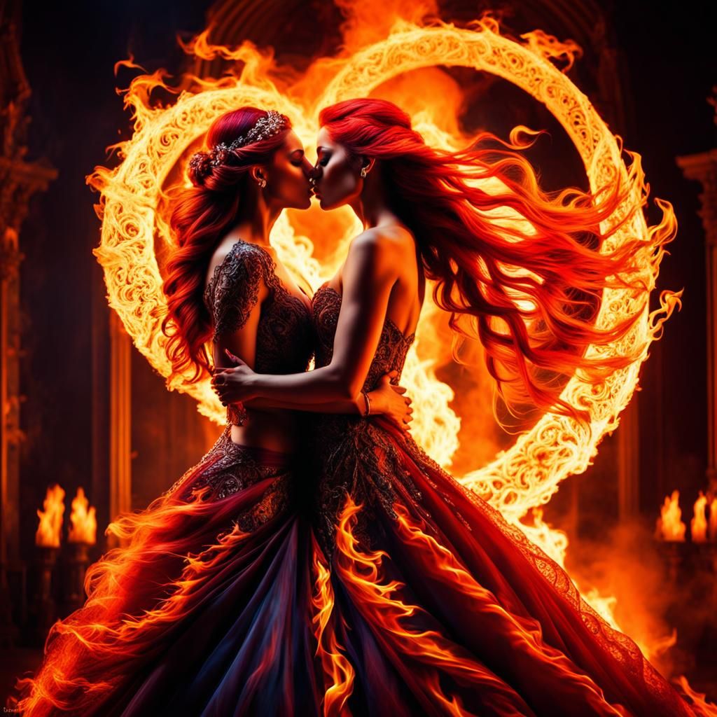 Fiery Lesbian Kiss: Double Exposure Love