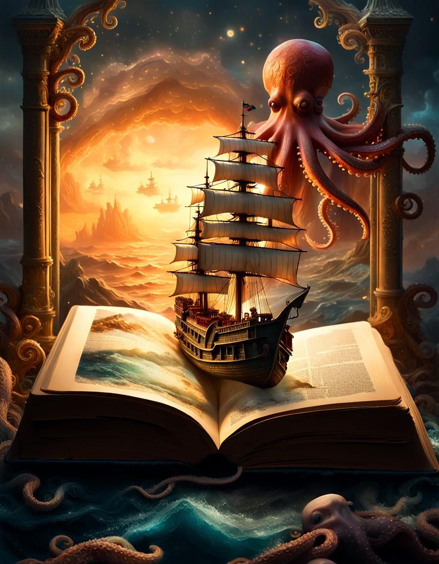 Miniature Seascape World at Sunset: Digital Illustration