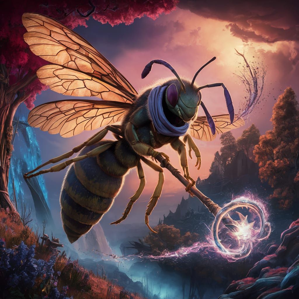 Anthropomorphic Wasp Wizard Soaring Through Fantasy Sky