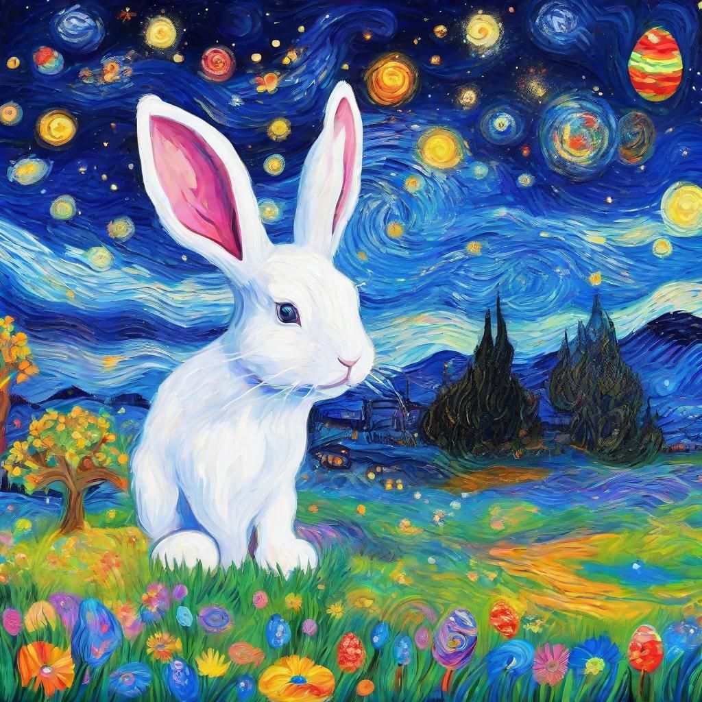 Easter Bunny in Starry Night Gouache Painting