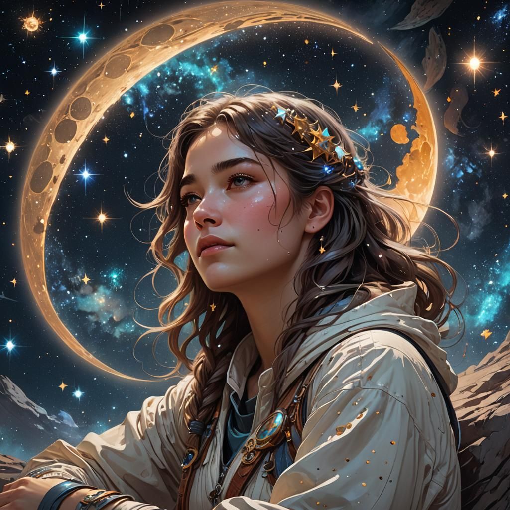 Girl on Crescent Moon Watching Stars, Digital Art