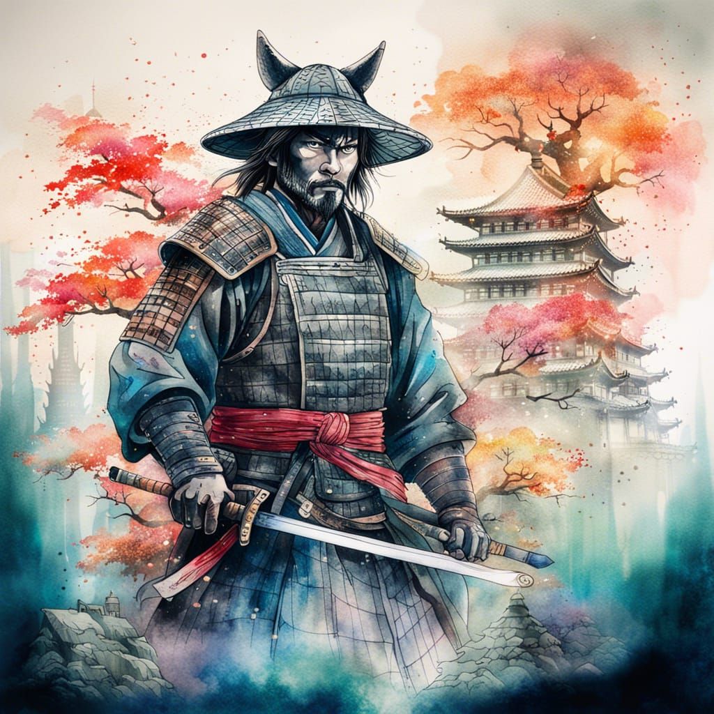 Samurai Wolf Double Exposure in Watercolor and Oil