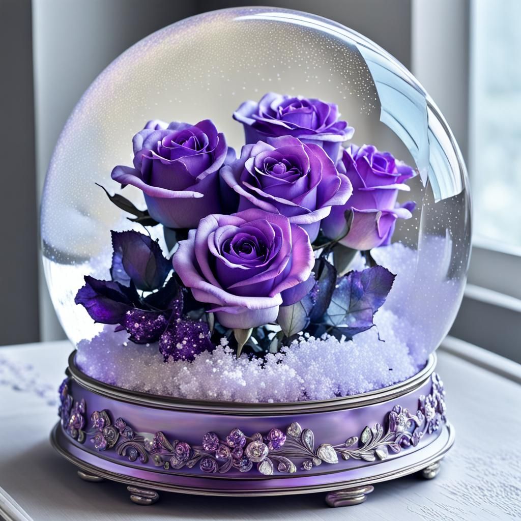 Iridescent Purple Roses in Holographic Snowglobe