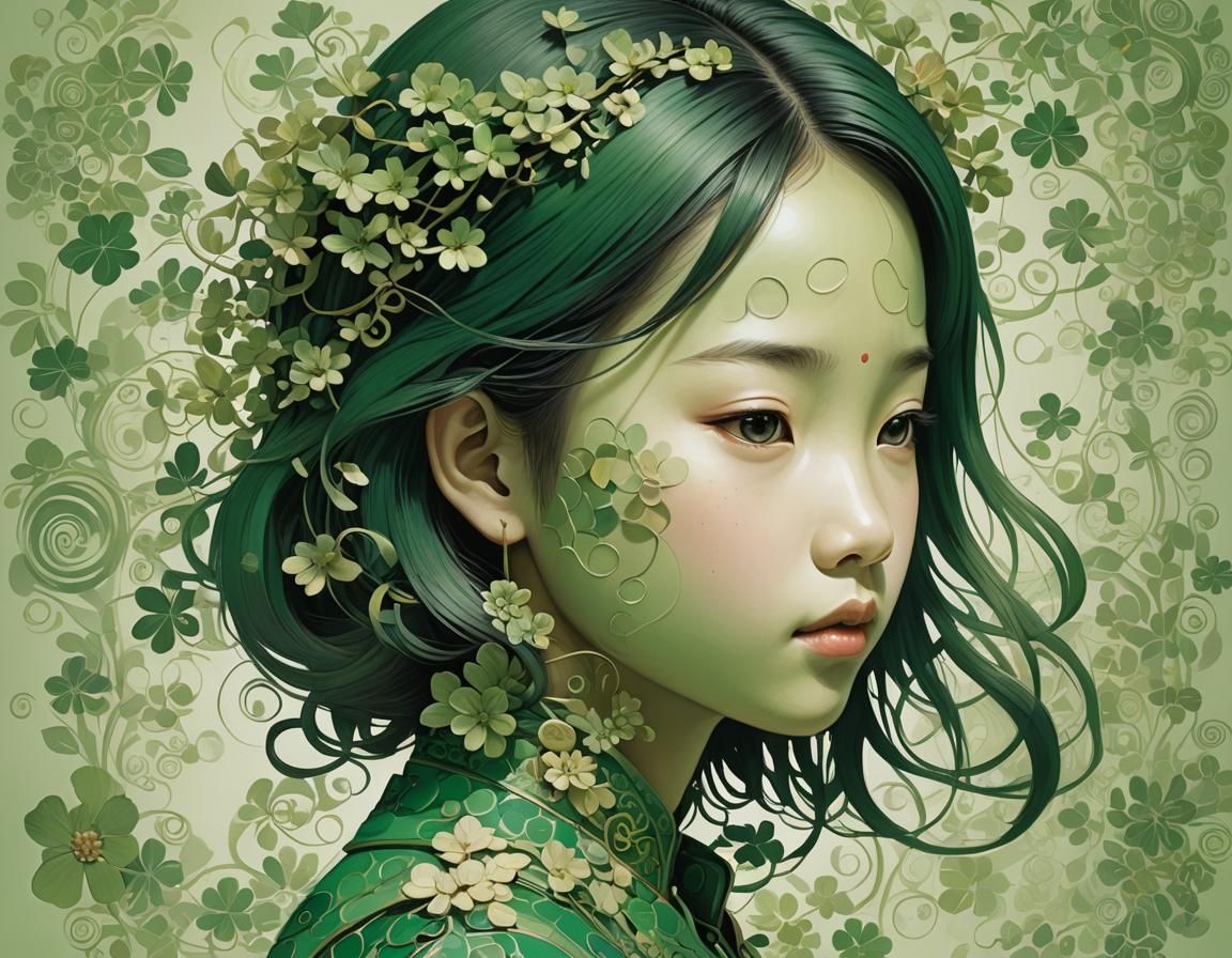 The central focus is the profile of a pretty Chinese niña, d...