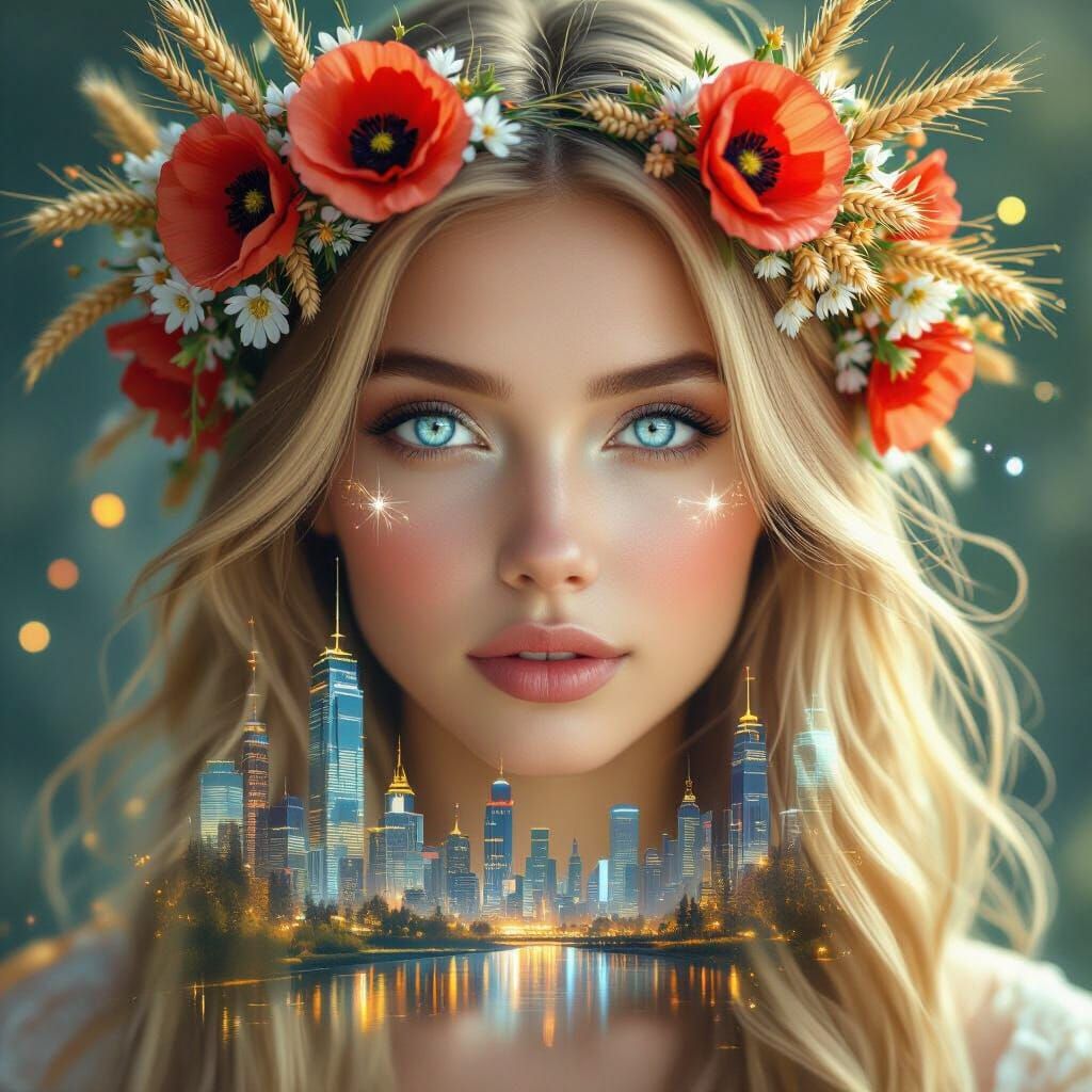 Slavic Woman with City Reflection in Hyper-Realism Style