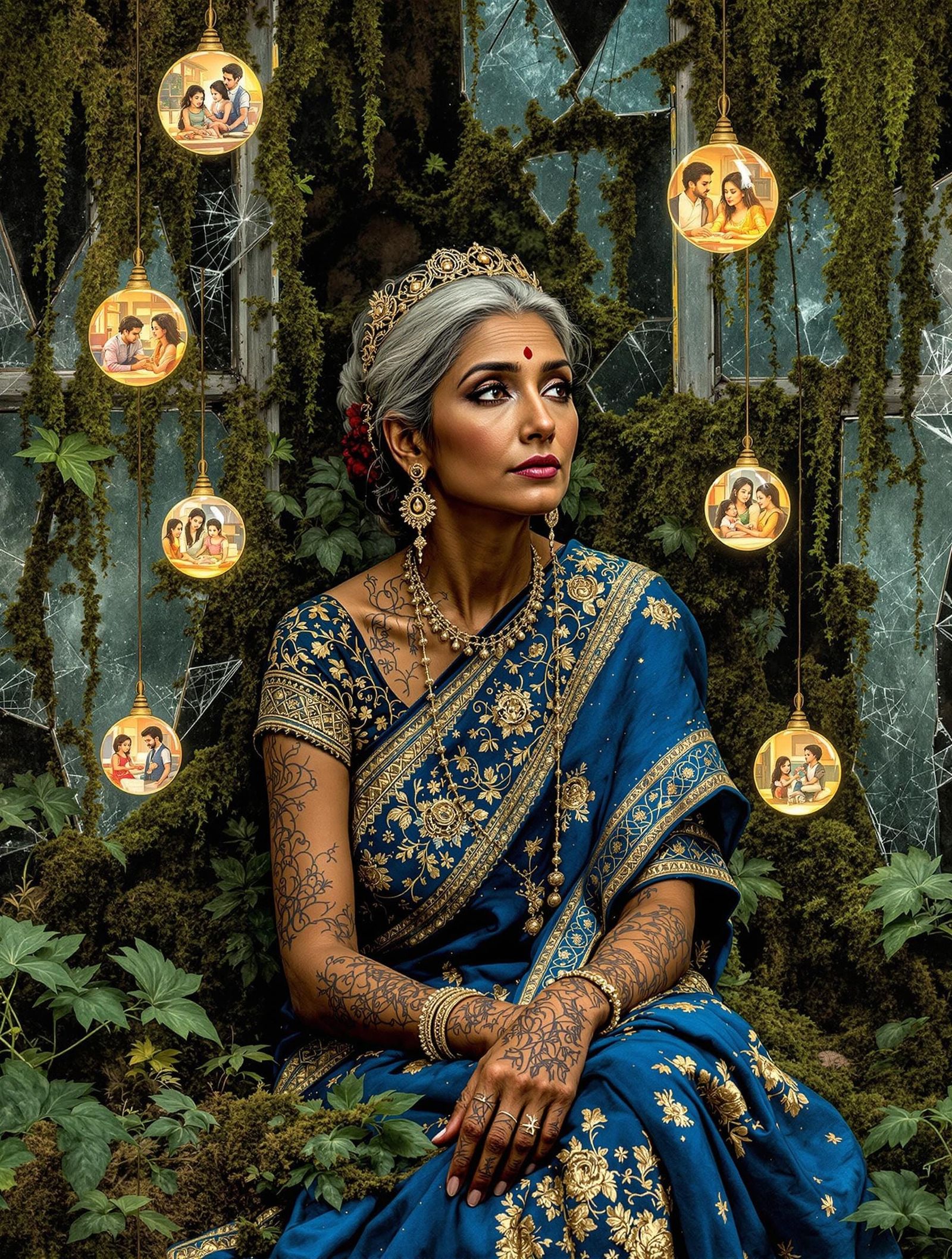 Ethereal South Asian Woman Amidst Urban Greenhouse