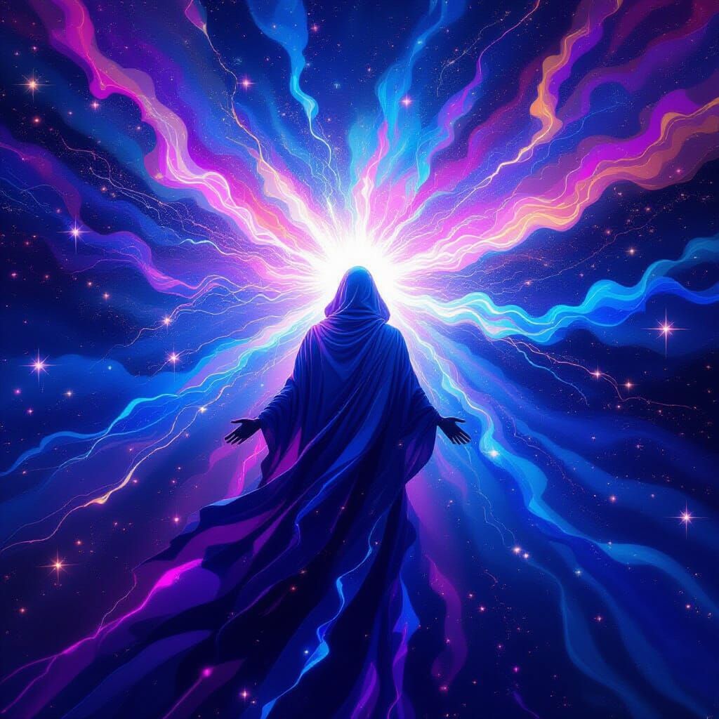 Ethereal Figure Radiating Light in Cosmic Hues