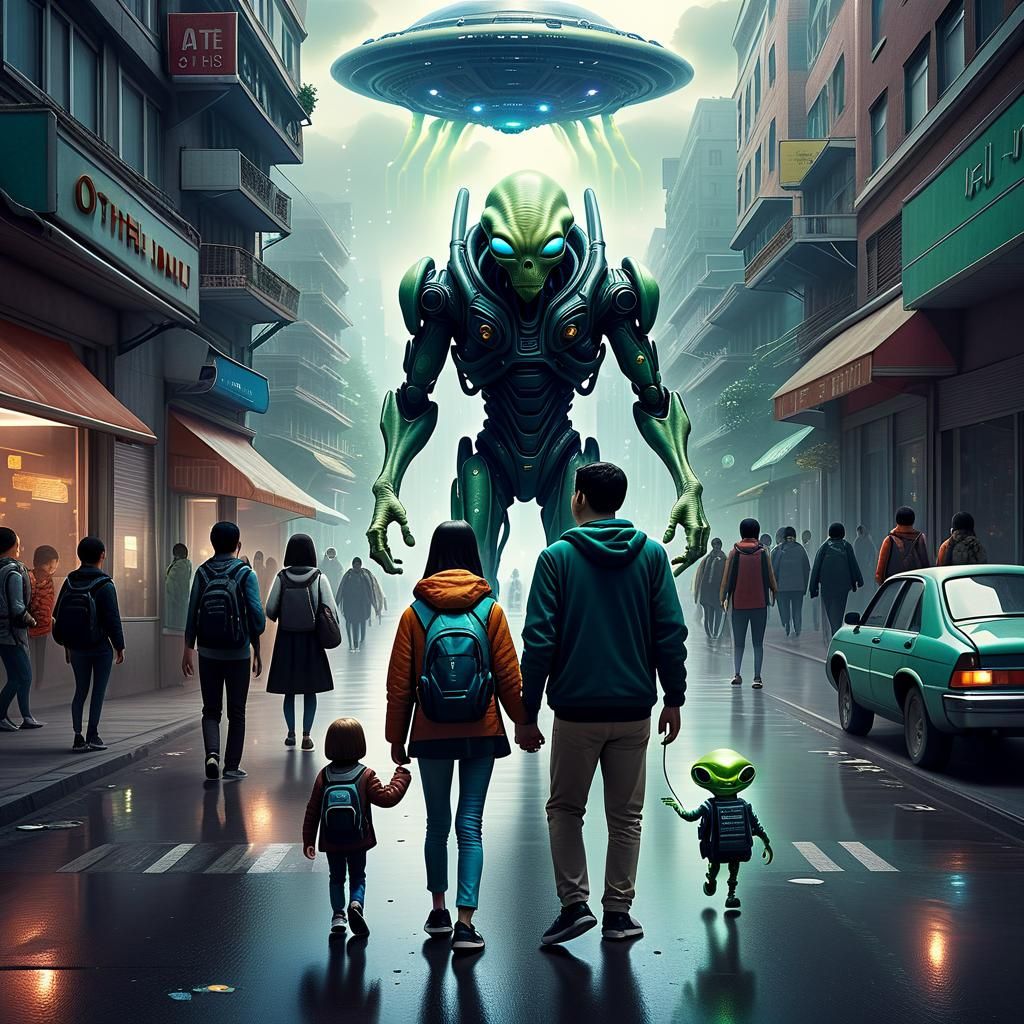 Humans and aliens interacting in everyday scenes with an oth...