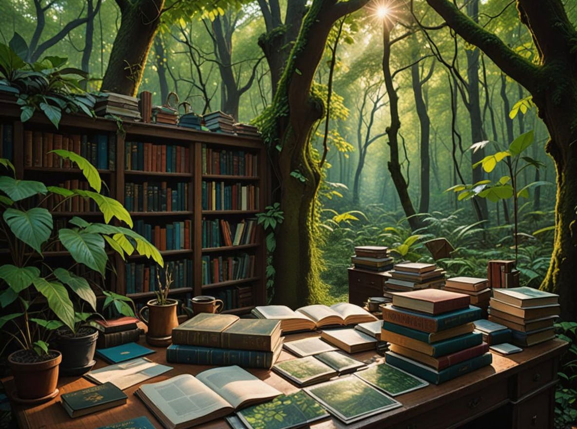 Office Desk Amidst Lush Forest, Hyperrealistic Photo